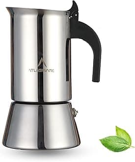 Atlasware Stainless Steel Mocha Design Coffee Maker | Induction, Gas, Hot Plate Compatible | Compact BPA Free Espresso Filter Coffee Black Tea Pot Percolator for Home, Kitchen, Travel (Silver, 6 Cup)