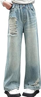 NABER Kids Girls Elastic Waist Cool Ripped Jeans Washed Denim Wide Leg Ripped Denim Jean Age 5-15 Years