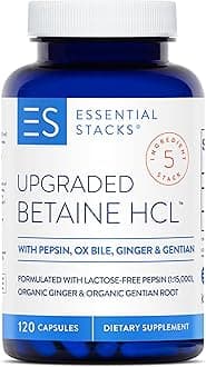 Betaine HCL with Pepsin, Ox Bile, Organic Gentian & Ginger - Betaine Hydrochloride Supplement w Digestive Enzymes, Bile & Bitters - Gluten, Dairy & Soy Free (120 Capsules)