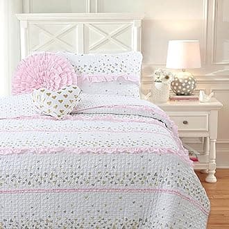 Cozy Line Home Fashions Pink Ruffle Gold Hearts Girl 100% Cotton Reversible All-Season Coverlet, Bedspread, Quilt Bedding Set (Sparkling Hearts, Twin - 4 Piece: 1 Quilt + 1 Sham + 2 Decor Pillows)