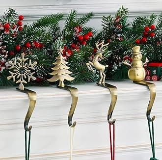 Christmas Stocking Holder - Set of 4 Stocking Hangers Snowman Santa Snowflakes Christmas Tree Deer Stocking Hooks for Fireplace, Shelf, Staircases
