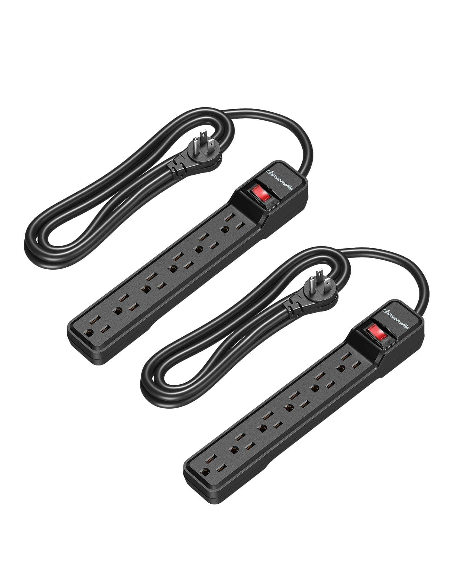 2-Pack 6-Outlet Power Strip Surge Protector, 6Ft Long Extension Cord, UL Listed, Low Profile Flat Plug, 15 Amp Circuit Breaker, 500 Joules, Wall Mount, Black