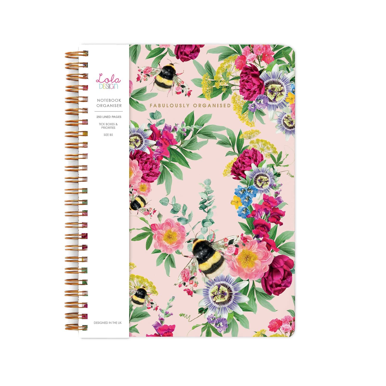 Lola Design - Large Spiral Notebook Organiser, Pink Bee Pattern Design - Planners & Journals - Wiro Bound Notebook with To-Do Lists & Priorities Section - 176x250mm, 250 Lined Pages