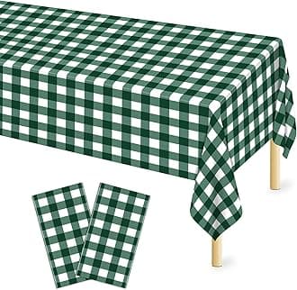 Mulbozy Dark Green Gingham Tablecloth 2 Pack, 54 x 108 Inch Plastic Table Cloth Disposable, Green and White Checkered Table Cover for Party Supplies