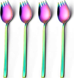 Sporks,Tiokin Salad Forks,4-Pack 18/10 Stainless Steel Sporks, 7.4 Inches Long Handle Dessert Spoons, Ice Cream Spoons Fork Reusable Fruit Appetizer Dessert Forks for Household Use