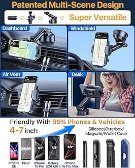 YRU [True Upgrade for Safety] Car Phone Holder Mount [Patent & Military-Grade] Dashboard Cell Phone Holder for Car Vent Windshield Phone Stand for iPhone 17 16 15 14 13 Pro Max Truck Samsung, Black