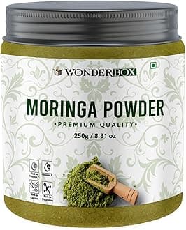 WonderBox Organic Moringa Powder - 250 Gm | Drumstick Leaf Powder Rich in Antioxidants, Supports Digestion and Weight Loss, Immunity & Energy Booster, Skin & Hair Health (Jar Pack Superfood)