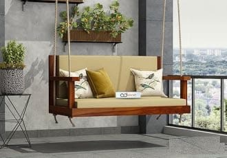 Solid Wood 2 Seater Rope Swing Chair | Wooden Hammock Swing Sofa with Rope & Complete Accessories for Indoor, Outdoor, Balcony & Garden | House Big Hanging Swings Jhula | Honey Finish