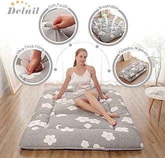 Zelladorra Japanese Floor Mattress, Futon Mattress with Portable Storage Bag, Roll Up Mattress Thick Tatami Mattress Suitable for Camping, Guest Room, Grey Cotton, Queen