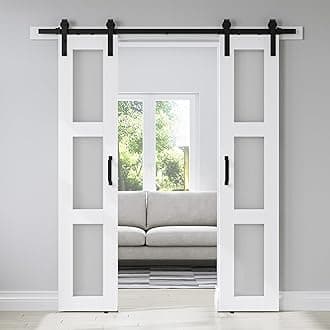 Double 18 x 84in 3-Panel Sliding Barn Door with Frosted Glass and 6.6FT Hardware Kit - Waterproof, Easy Assembly, Pre-Drilled Holes - Suitable for Openings up to 34in x 82in, White