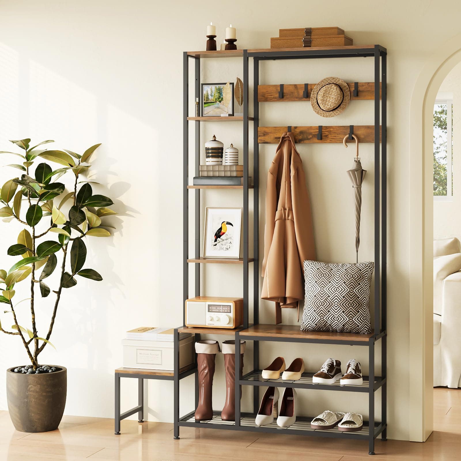 Hall Tree with Shoe Storage Bench Coat Rack with 7 Hooks Interchangeable 4 Tier Side Storage Shelves Small Cute Side Bench Industrial 5-in-1 Entryway Coat Rack for Hallway Mudroom Bedroom