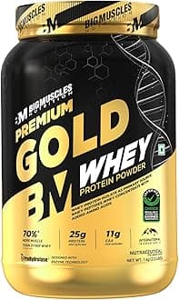 Bigmuscles Nutrition Premium Gold Whey [1Kilogram] | Informed Choice UK Certified | Isolate Whey Protein Blend | 25G Protein | 11G EAA | Prohydrolase Enzyme Technology [Malai Kulfi], 37 Grams