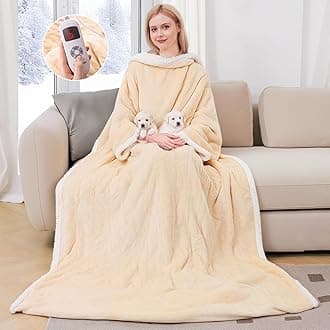 Wearable Heated Blanket with Sleeves, Electric Heated Robe with Foot Pockets, Electric Snuggie for Women, 6 Heating Levels & 1-4 Hours Timer, 50"x70" (Light Yellow)