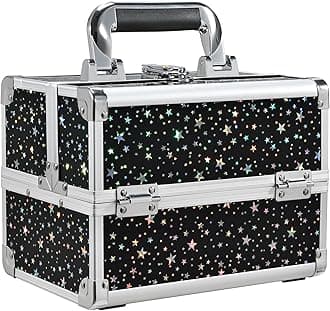 Joligrace Makeup Train Case Portable Cosmetic Box 2 Trays with Mirror Lockable for Makeup Nail Tech and Beauticians Traveling Makeup Storage Organizer - Black Star