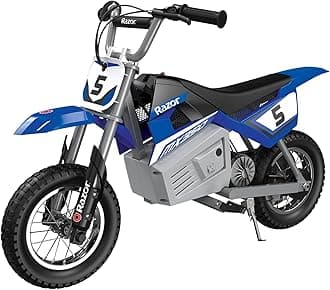 Razor MX350 Dirt Rocket Electric Bike for Kids Ages 8+, 140 lb Max Weight, Blue – 24V Battery, Up to 14 Mph, 30-Min Ride Time on High Speed, Twist-Grip Throttle, Spoked Wheels w/ 12” Pneumatic Tires