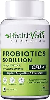 Health Veda Organics Probiotics 50 Billion CFU Multi-Strains with Prebiotic | Good For Digestive, Gut health, Immunity, Diarrhea, Gas & Bloating Support | For Men And Women - 60 Vegetarian Capsules