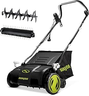 Sun Joe 15-Inch Electric Powered Lawn Dethatcher with Scarifier Blade Reel and Collection Bag - 13-Amp Corded Yard Power Rake Tool Machine for Grass Thatch Removal, AJ805E