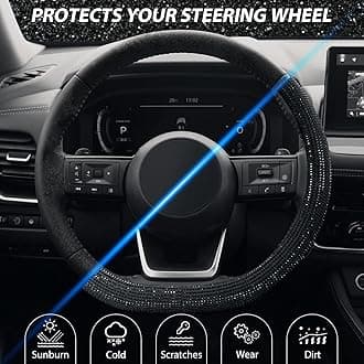 SEG Direct Diamond Flat Bottom Steering Wheel Cover, D Shaped Car Wheel Cover 37-39cm, Bling Sparkly Rhinestones, Black with Black Diamond