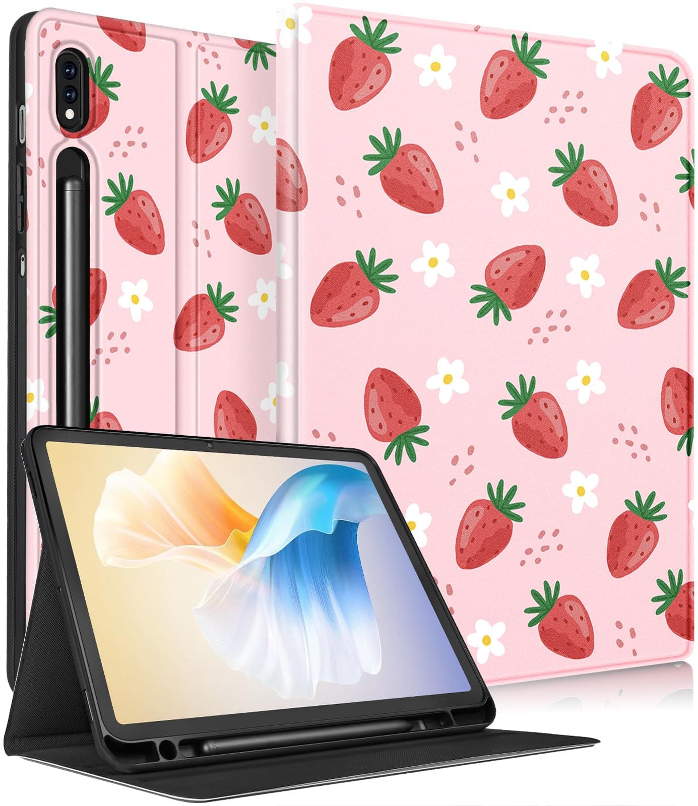 for Samsung Galaxy Tab S8 Plus/ S7 Plus/ S7 FE Case 12.4 Inch Women Cute Girls Folio Girly Strawberry Pretty Aesthetic Cover for Samsung Tablet S8 Plus 2022/ S7 Plus 2021/ S7 FE 5G Cases