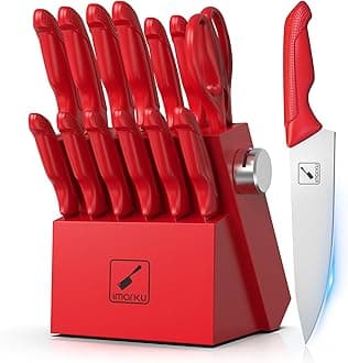 imarku Knife Set with Block, Sharp Knife Sets with Built-in Sharpener, Japanese Stainless Steel Kitchen Knife Set with Non-Slip Ergonomic Handle, Dishwasher Safe, Best Holiday Gifts, 14 PCS, Red