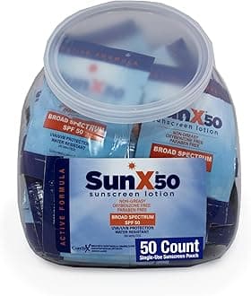 ​​Sun X 50 SPF Individual Sunscreen Packets Travel Size - 50 Pack Fishbowl of Paraben, Oxybenzone, & White Cast Free Broad Spectrum SPF Sunscreen Packets - Water & Sweat Resistant For Up To 80 Minutes