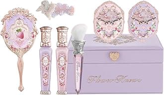 Flower Knows Violet Strawberry Rococo Makeup Box Set,8-Piece Makeup Box with Mirror,Lip Gloss×2+Blush×2+Blush Brush×1+Wisteria Purple Handheld mirror×1+Hair Clip×1+Gift Box×1