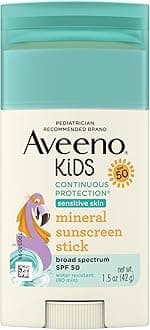 - Aveeno Kids Continuous Protection Zinc Oxide Mineral Sunscreen Stick for Sensitive Skin, Face & Body Sunscreen Stick for Kids with Broad Spectrum SPF 50, Sweat- & Water-Resistant, 1.5 oz