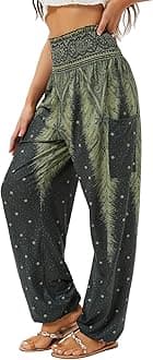 QIANXIZHAN Women's Harem Pants, High Waist Yoga Boho Trousers with Pockets, Army Green, Medium