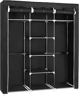 SONGMICS RYG12B Folding Wardrobe, Fabric Cabinet, Foldable Coat Rack with 2 Clothes Rails, 175 x 150 x 45 cm, Black, Canvas