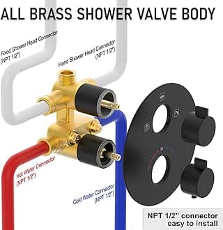Iriber Thermostatic Shower System Wall Mount with 10 Inch Roud Rainfall Shower Head and Handheld,Shower Faucet Mixer Trim Kit (Valve Included),Matte Black