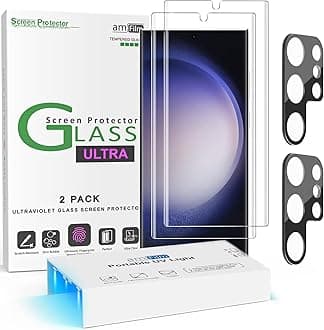 amFilm 2+2 Screen Protector Compatible with Samsung Galaxy S23 Ultra Tempered Glass and Camera Lens Protector 5G 6.8 inch, Fingerprint Sensor Compatible, UV Gel Adhesive Installation(2 Pack)