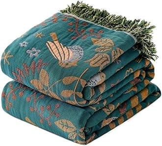Boho Throw Blanket for Bed 100% Cotton Soft Quilt Spring Lightweight Blanket Bird Floral Embroidery Room Decor Twin Bed Blankets,60"x80" All Season Breathable Throw for Sofa&Couch Chair