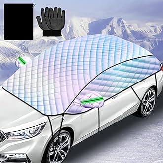 Half Car Cover 142in for Snow and Sun, Windshield Protector for Winter Ice UV, Waterproof Hood Shield for SUV Sedan, Quick Install for Outdoor Parking Tree Shade Garage Driveway Frost Rain Use