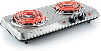 Electric Countertop Double Burner, 1700W Cooktop with 6" and 5.75" Stainless Steel Coil Hot Plates, 5 Level Temperature Control, Indicator Lights and Easy to Clean Cooking Stove, Silver BGC102S