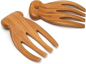 Wood Salad Hands for Tossing and Serving Salads, 4" x 7 1/4" x 1 1/8", One Pair, Bamboo with Knobs