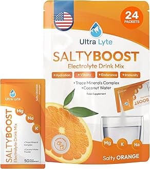 Ultra Lyte Electrolytes Drink Mix Sachets - Sugar-Free Electrolytes Powder with High Sodium, Trace Minerals and Coconut Water - Rehydration for Fitness (24 Sachets, Salty Orange)