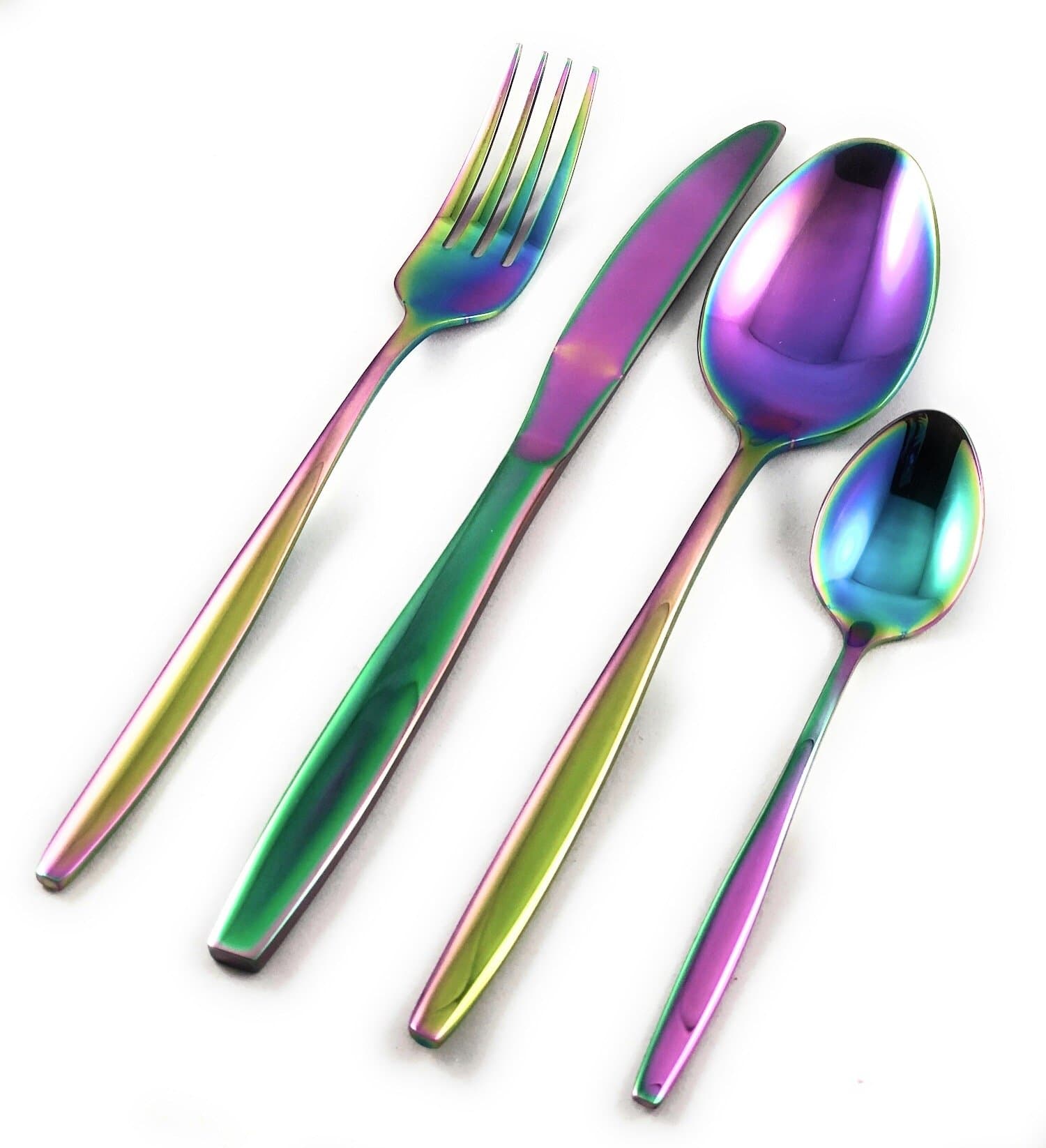 16 Piece Rainbow Iridescent Flatware Set, Service for 4 Stainless Steel Cutlery, Dishwasher Safe, Oil Slick Unique Color