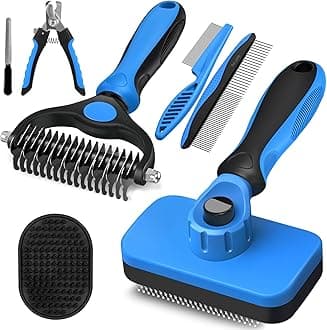 7 in 1 Pet Grooming Kit - Dog&Cat Comb, Deshedding Brush, Nail Clipper with File, Bath Brush - Premium Pet Supplies (Black Blue)