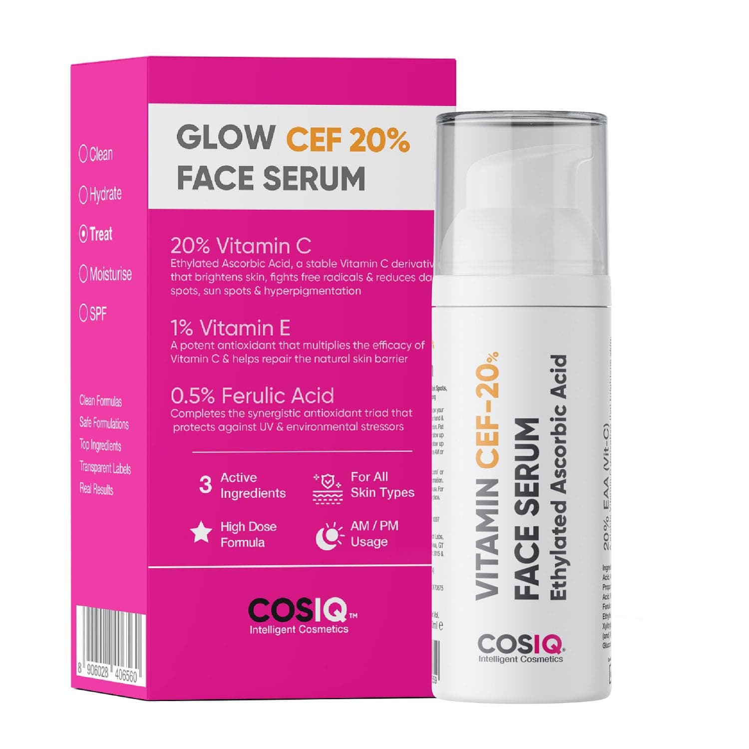 Cos-IQ 20% Vitamin C Face Serum With Vit E, & Ferulic Acid | Safe and Effective Skin Brightening Serum for Glowing Skin, Protects Against, Wrinkles, Fine Lines, Dark Spots | 30ml