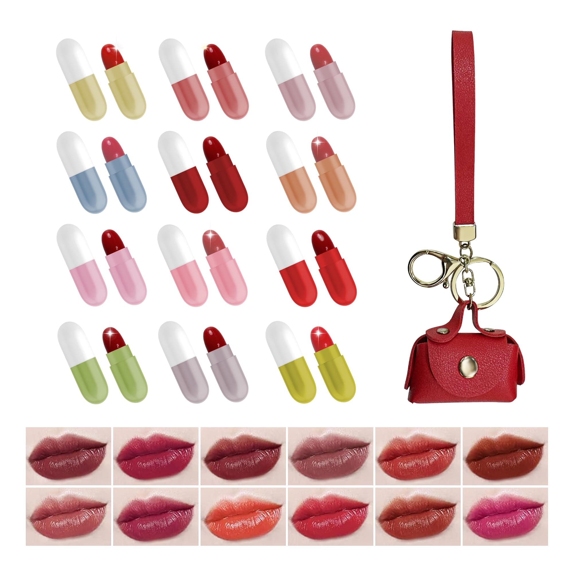 12 Pill Lipstick with 1 Cute Mini Red Leather Bag Key-chain Pouch - Mini Lipstick Velvet Matte, Smooth and Moisturizing Pill Lipsticks, Long-Lasting, Portable and Charming Look All Day Long