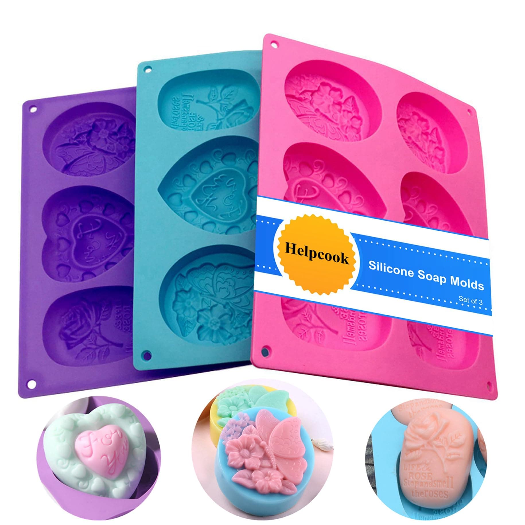 3 Pack Silicone Soap Molds, 6 Cavities, Mixed Patterns, BPA Free, Easy Release