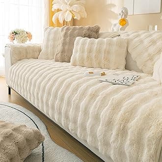 MERRYLIFE Thick Plush Faux Rabbit Fur Sofa Slipcovers 1-Piece Non-Slip Warm Soft Cozy Couch Covers Pillow Covers Furniture Protector (Beige, Sofa Cushion 90 * 210cm)