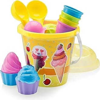 Top Race Beach Toys, Sand Toys, 16 Piece Ice Cream Mold Set for Kids 3-10 with Large 9" Beach Toy Bucket Pail for Kids and Toddlers (Ice Cream)