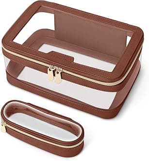Travel Clear Makeup Bag with Makeup Brush Bag, Leather Makeup Case Toiletry Bag, Portable Cosmetic Bag Case, Transparent Waterproof Cosmetic Organizer Storage Bag for Women, Brown, L,