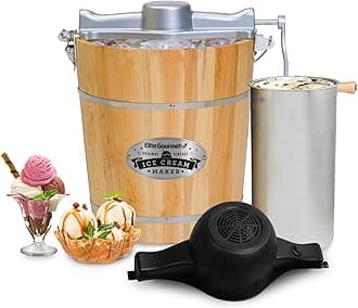 EIM402 Old Fashioned 4 Quart Vintage Wood Bucket Electric Ice Cream Maker Machine, Bonus Classic Die-Cast Hand Crank for Churning, Uses Ice and Rock Salt Churns Ice Cream in Minutes