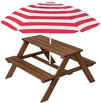 Wooden Kids Picnic Table with Umbrella, Outdoor Activity Table Set with Built-in Benches, 220 lb Capacity per Bench - Walnut/Red