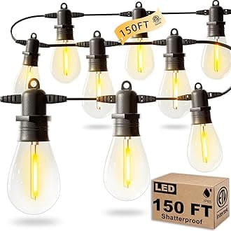 150FT LED Outdoor String Lights With 45 Edison Shatterproof IP65 Waterproof Bulbs, 2700K Dimmable Commercial Grade Patio Lighting, Heavy Duty Outside Hanging for Garden Porch Deck Decor