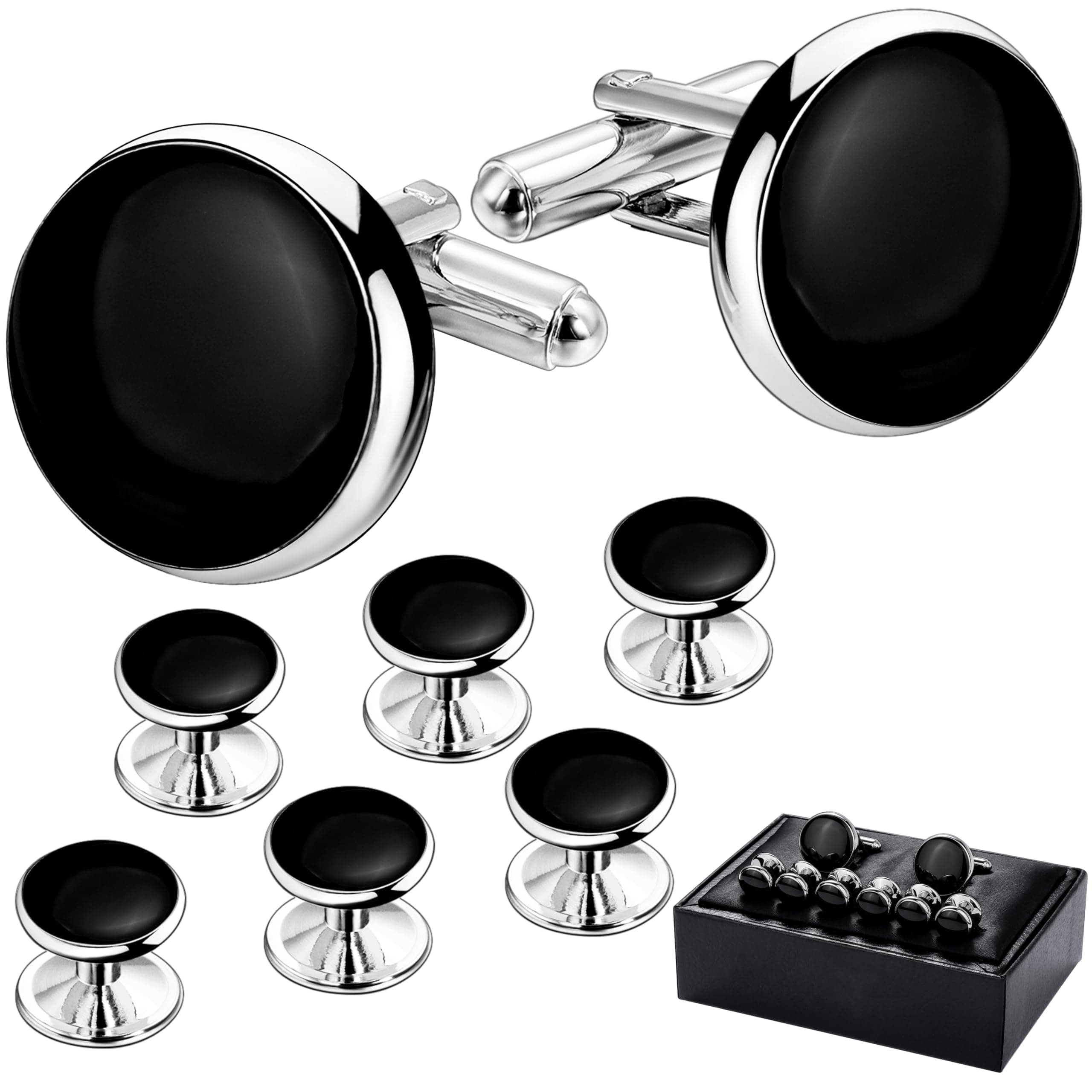 Men’s Cufflinks and Tuxedo Studs Set with Gift Box; Men’s Jewelry or Accessories Suitable for Black Suit White Shirts Vest and Red Bow tie on Wedding or Anniversary and Birthday