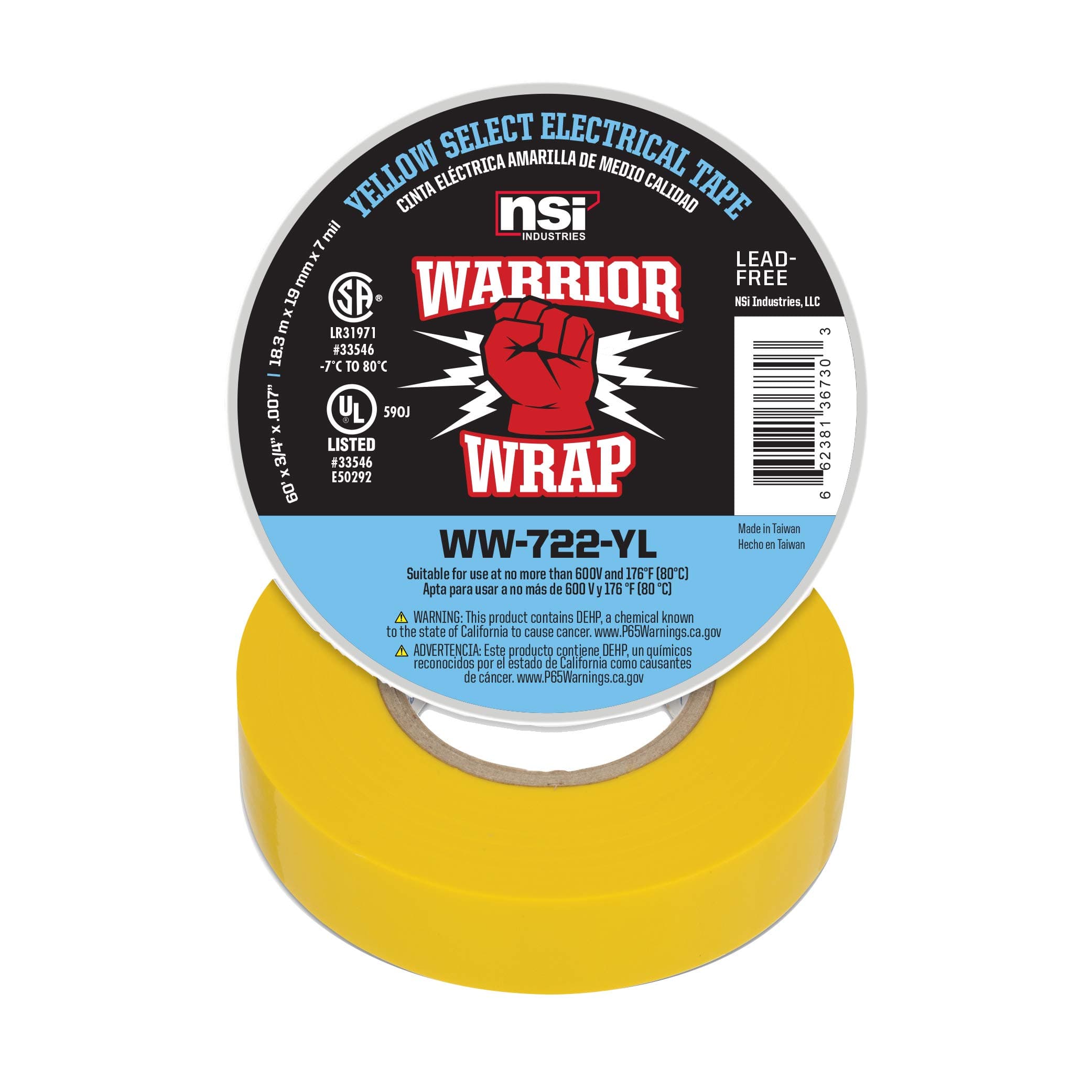 WarriorWrap Select 3/4 in. x 60 ft. 7 mil Vinyl Electrical Tape, Yellow