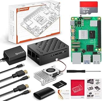 RasTech Raspberry Pi 5 8GB Starter Kit With Board, 64GB SD Card, Active Cooler, Case, Type-C 5.1V 5A Power Supply, 2 Micro HDMI Cables, Card Reader and Adapter, Screwdriver